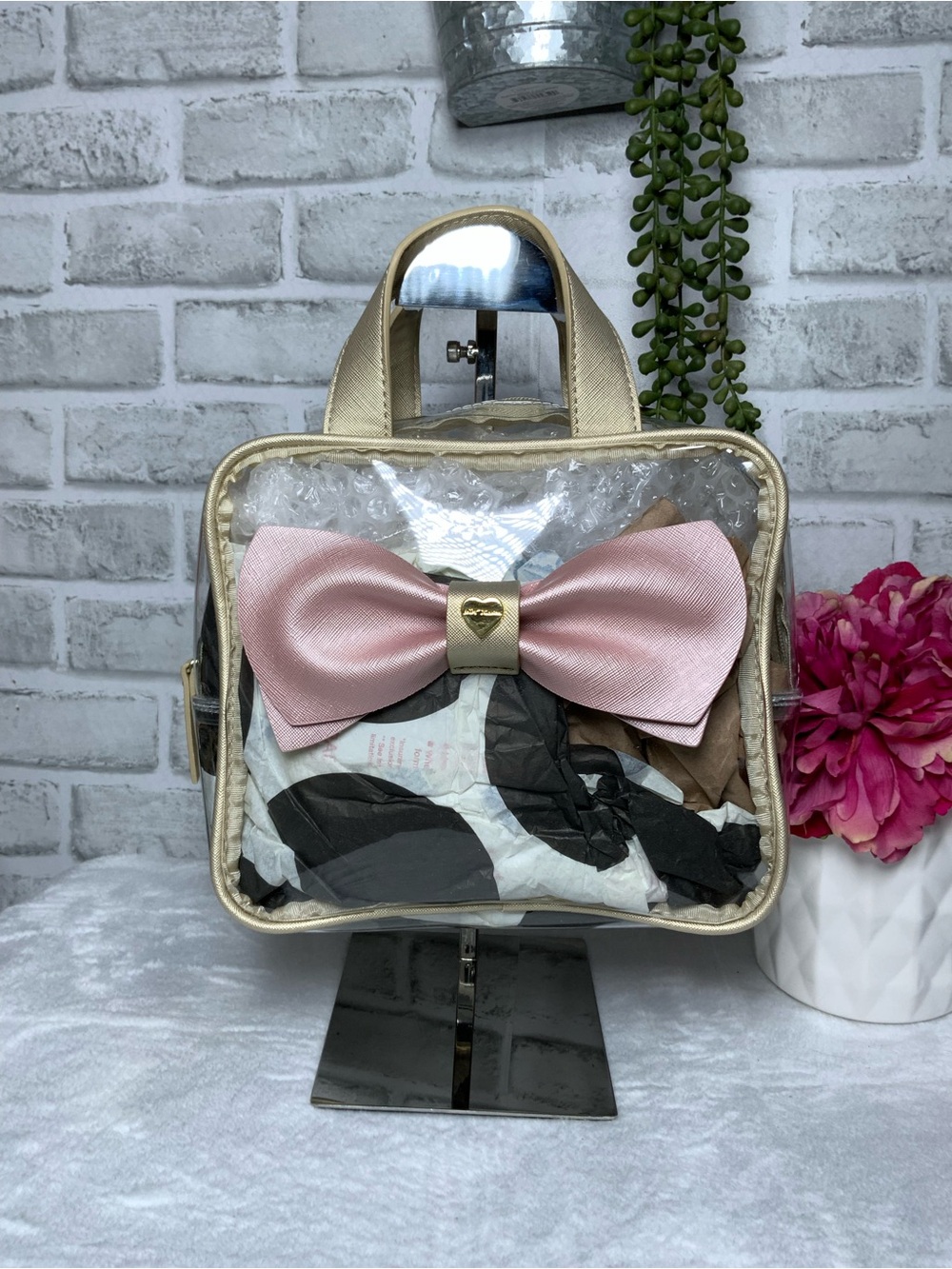 Betsey Johnson Clear Cosmetic Bag with Pink Bow and Gold Trim